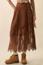 Load image into Gallery viewer, Boho Faux Suede and Lace Buckled-Waist Maxi Skirt