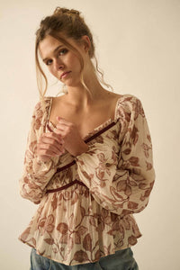 Floral Crepe Velvet-Trim Babydoll Peasant Top