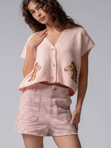 Western Horse V Neck Cropped Cardigan