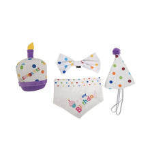 Load image into Gallery viewer, 4-Piece Dog Birthday Kit: Bandana, Hat, Bow Tie, Plush Toy