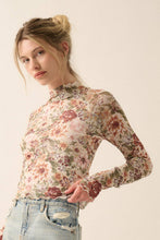 Load image into Gallery viewer, Floral Mesh Lettuce-Edge Thumbhole High-Neck Top