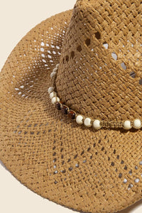 Mixed Beaded Strap Western Fedora Straw Hat