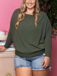 Casual Plain Crewneck Batsleeved Stretch Knit Top