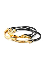 Load image into Gallery viewer, Black Leather + 24K Gold Plate Bangle Bracelet