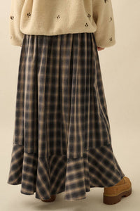 Plaid Flannel Button-Front Drawstring Maxi Skirt