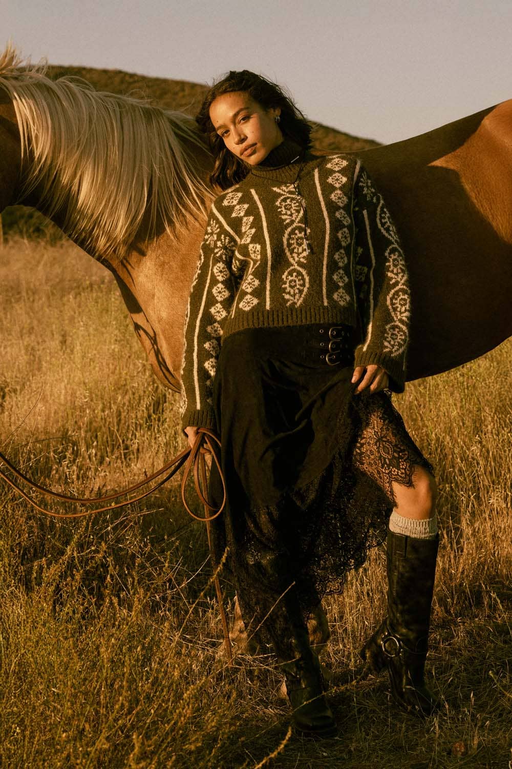 Boho Faux Suede and Lace Buckled-Waist Maxi Skirt