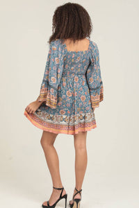 BELL FLARE SLEEVES SMOCKED BODICE DRESS