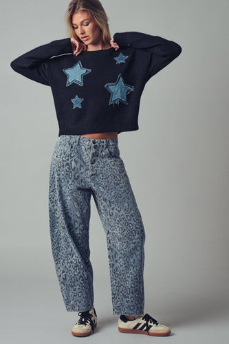 Leopard Print Barrel Straight Denim Pants