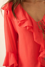 Load image into Gallery viewer, Sheer Chiffon Tie-Front Ruffled Poet Blouse
