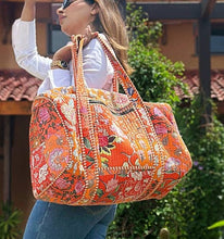 Load image into Gallery viewer, Orange Quilted Cotton Duffle Tote Weekender Bag