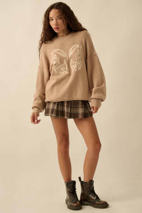 Embroidered Horses Solid Knit Exposed-Seam Sweater