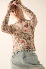Load image into Gallery viewer, Floral Mesh Lettuce-Edge Thumbhole High-Neck Top