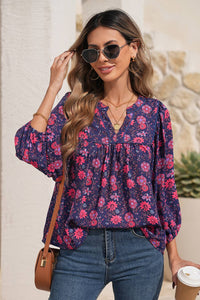 LDC Purple Floral Half Sleeve Split Neck Blouse Top