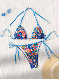 Boho Print Lace-Up Bikini Swimsuit
