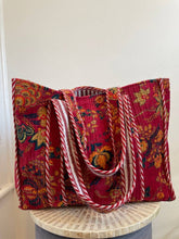 Load image into Gallery viewer, Red Floral Velvet quilted tote bags