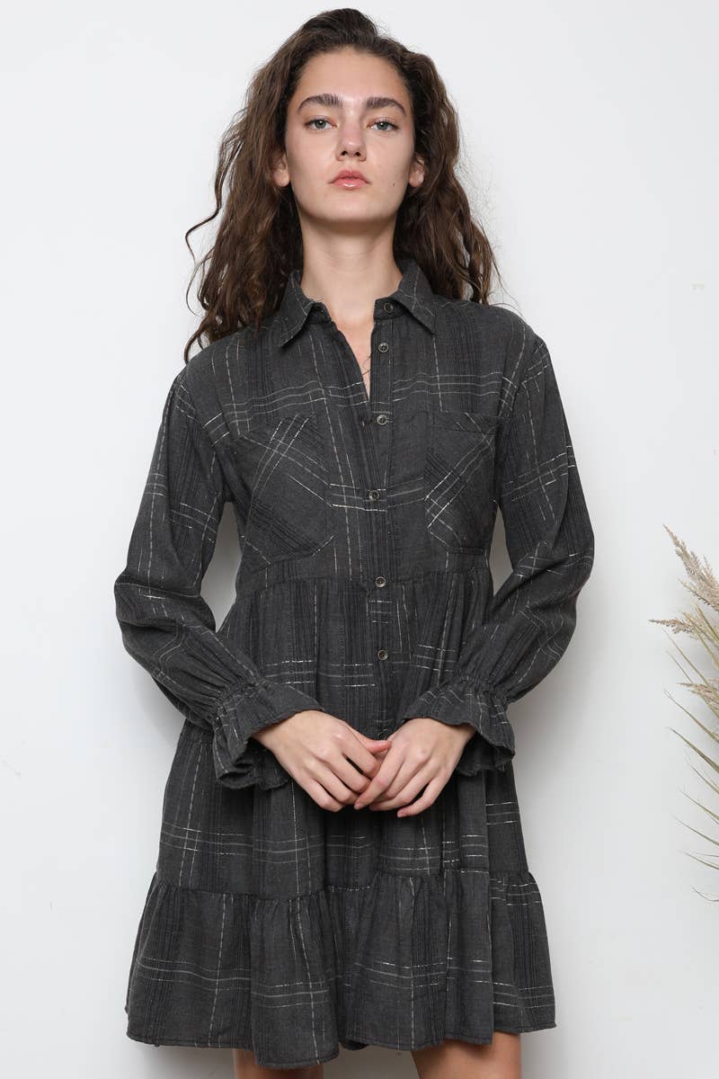 PLAID TIERED A LINE SHIRTDRESS