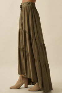 Stella Striped Lace-Trim Tiered Button-Front Maxi Skirt