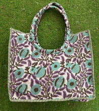 Load image into Gallery viewer, Boho Quilted Cotton Tote Bag Teal Grey