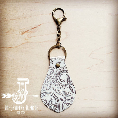 **Embossed Leather Key Chain - Oyster Paisley