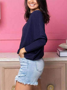 Casual Plain Crewneck Batsleeved Stretch Knit Top