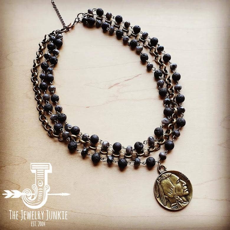 Labradorite Triple Strand Collar Necklace w/ Indian Coin 252