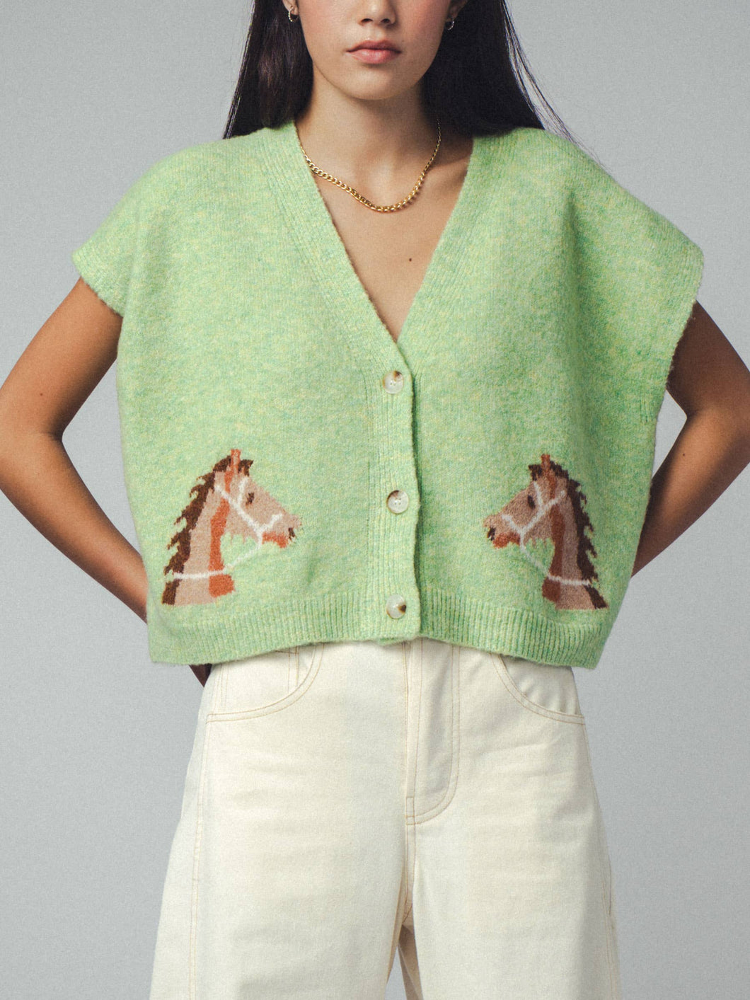 Western Horse V Neck Cropped Cardigan