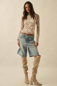 Toby Floral Print Mesh Mock-Neck Raglan Top