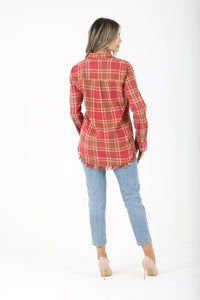 RED PLAID FLANNEL SHIRT WITH FRAYED HEM