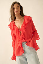 Load image into Gallery viewer, Sheer Chiffon Tie-Front Ruffled Poet Blouse