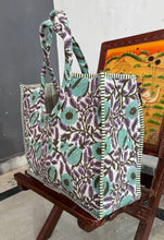 Load image into Gallery viewer, Boho Quilted Cotton Tote Bag Teal Grey