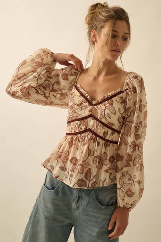 Floral Crepe Velvet-Trim Babydoll Peasant Top