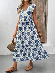 Boho Flutter Sleeve Floral Print V-Neck Midi Dress