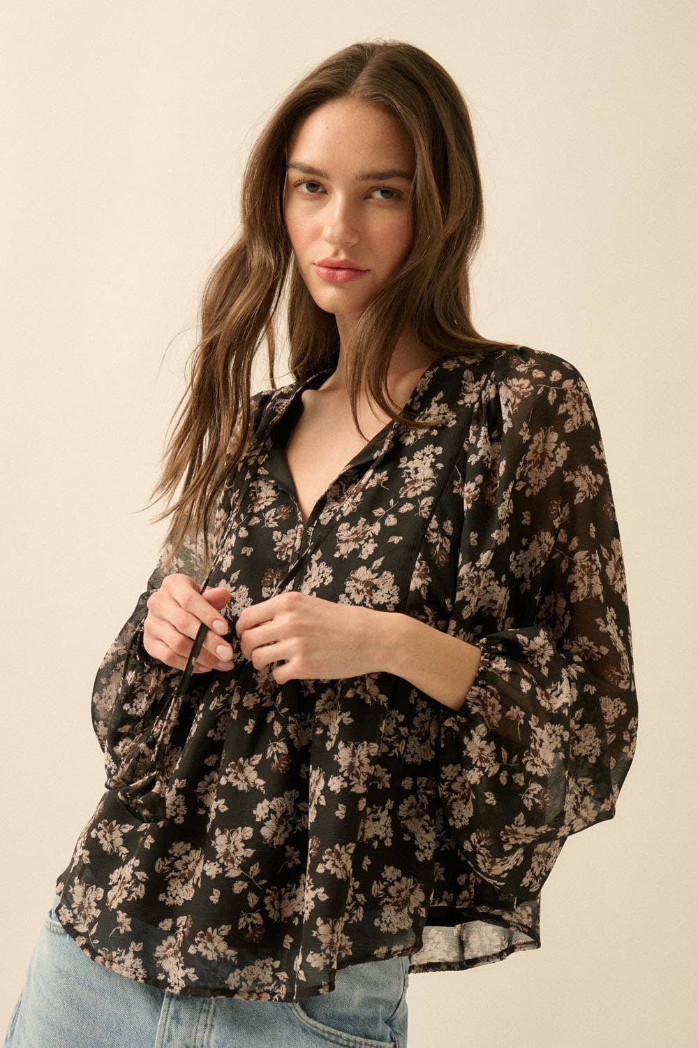 Floral Chiffon Babydoll Peasant Top