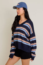 Load image into Gallery viewer, KITTY V-NECK FUZZY STRIPED LONG SLEEVE OVERSIZED SWEATER