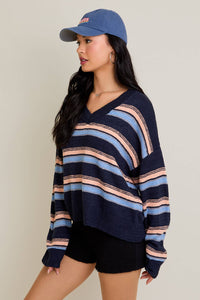 KITTY V-NECK FUZZY STRIPED LONG SLEEVE OVERSIZED SWEATER