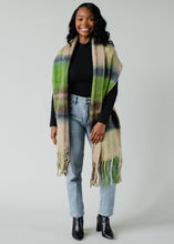 Load image into Gallery viewer, Tan, Blue &amp; Green Plaid Long Scarf with Fringe