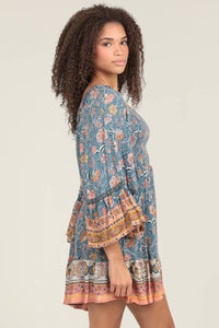 BELL FLARE SLEEVES SMOCKED BODICE DRESS