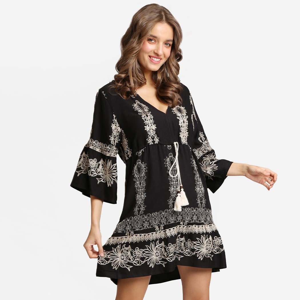 Embroidered Lace Pattern Tassels Deco Mini Dress