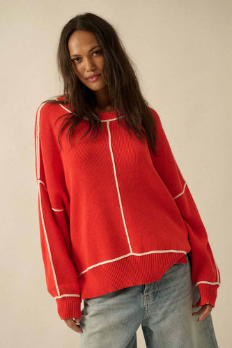 Stacy Red Exposed-Seam Oversize Sweater