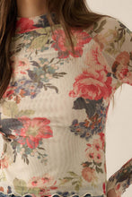 Load image into Gallery viewer, Floral-Print Mesh Mock-Neck Thumbhole Top