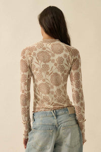 Toby Floral Print Mesh Mock-Neck Raglan Top