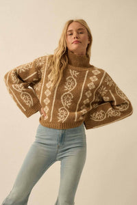 Flora Jacquard Fuzzy Mock-Neck Sweater