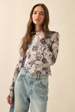 Load image into Gallery viewer, Floral Mesh Raglan-Sleeve Mock-Neck Thumbhole Top