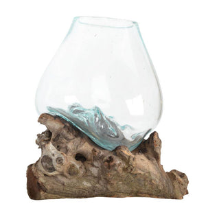 Medium Tall Molten Glass Bowl With Natural Wood