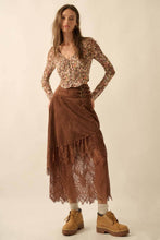 Load image into Gallery viewer, Boho Faux Suede and Lace Buckled-Waist Maxi Skirt