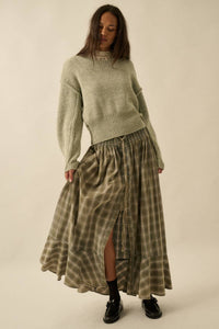 Plaid Flannel Button-Front Drawstring Maxi Skirt