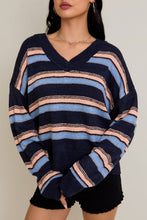 Load image into Gallery viewer, KITTY V-NECK FUZZY STRIPED LONG SLEEVE OVERSIZED SWEATER