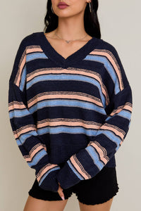 KITTY V-NECK FUZZY STRIPED LONG SLEEVE OVERSIZED SWEATER
