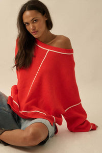 Stacy Red Exposed-Seam Oversize Sweater