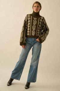 Flora Jacquard Fuzzy Mock-Neck Sweater